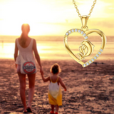 14k Solid Gold Dolphin & Mother Daughter Love Heart Pendant Necklace