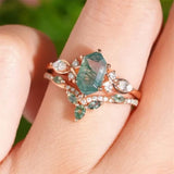 Sterling Silver 10K 14K 18K Gold  Personalized  Engraved Natural Moss Agate Engagement Bridal Wedding Ring Set