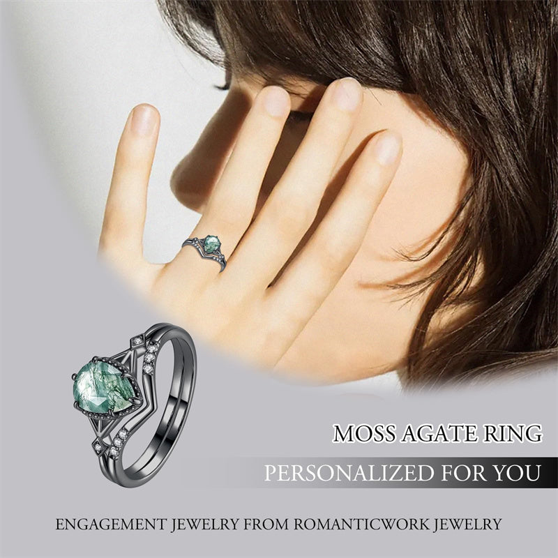 Sterling Silver Personalized Engraved Moss Agate Bridal Wedding Promise Engagement Ring Set for Women