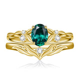 Sterling Silver 10K 14K 18K Gold  Oval Cut Unique Vine Gemstone Wedding Ring Set