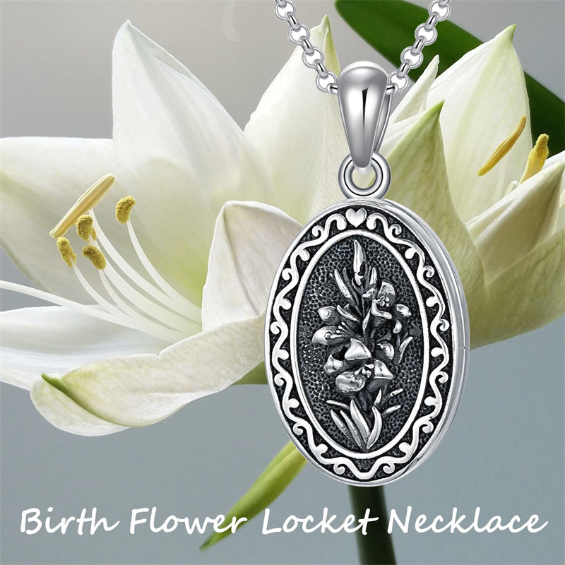 Sterling Silver Personalized Photo 12 Month Birth Flower Pendant Necklace