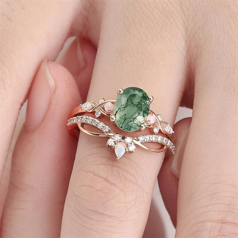 Sterling Silver 10K 14K 18K Gold  Personalized  Engraved Natural Moss Agate Engagement Bridal Wedding Ring Set