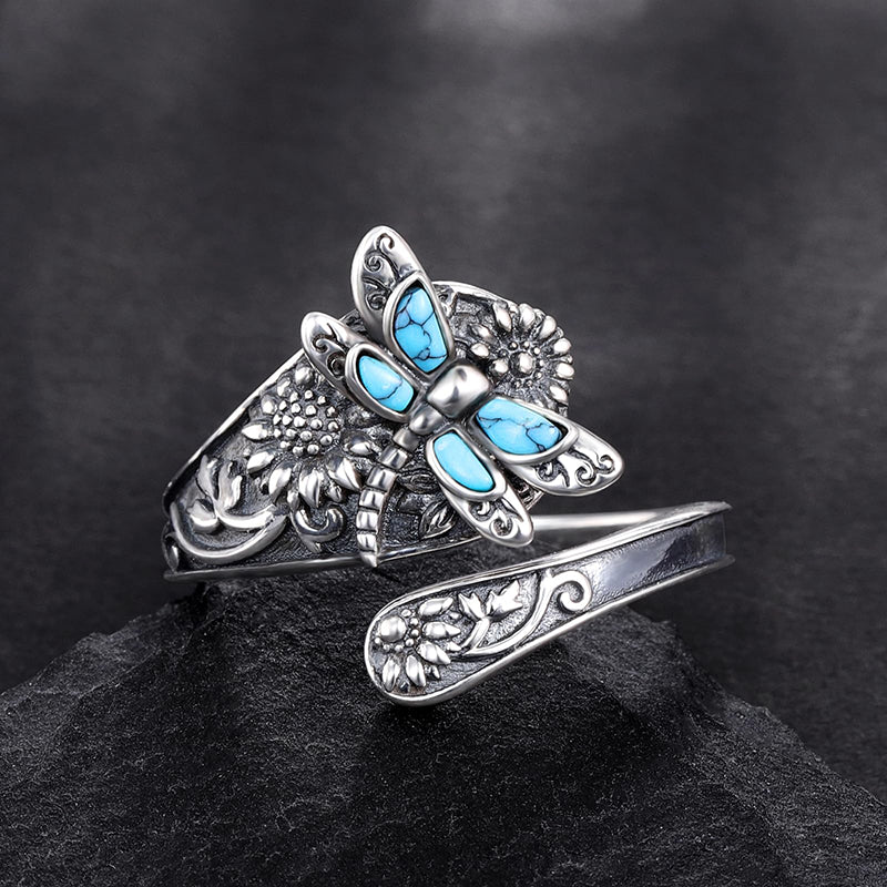 Sterling Silver Turquoise Dragonfly Spoon Ring and Dragonfly Sunflower Earrings