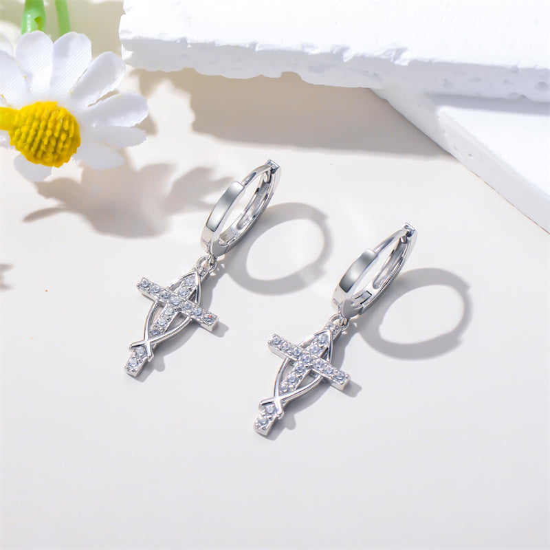 Sterling Silver Cross Sun Viking Wave Hoop Earrings for Men
