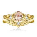 Sterling Silver 10K 14K 18K Gold  Oval Cut Unique Vine Gemstone Wedding Ring Set