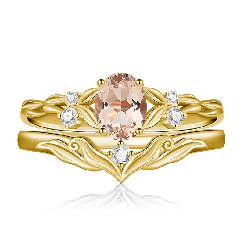 Sterling Silver 10K 14K 18K Gold  Oval Cut Unique Vine Gemstone Wedding Ring Set