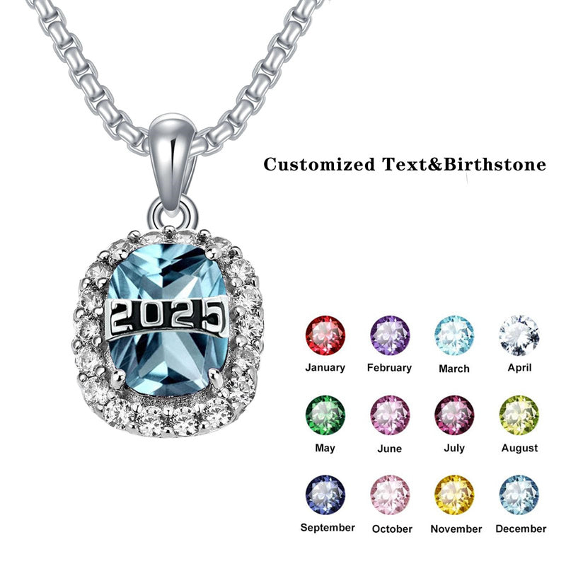 Sterling Silver Oval Personalized Text and Birthstone Class Pendant Necklace Graduation Jewelry
