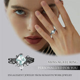 Sterling Silver Personalized Engraved Moss Agate Bridal Wedding Promise Engagement Ring Set for Women