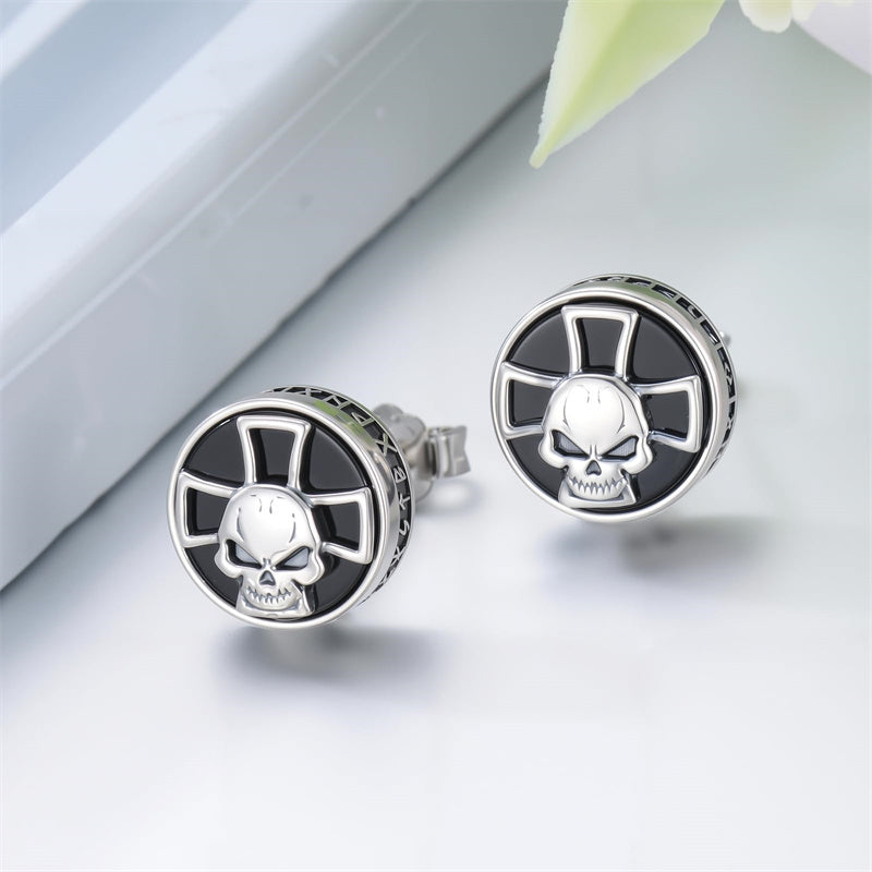 Sterling Silver Black Onyx Tree of Life Ankh Cross Skull Valknu Viking Stud Earrings