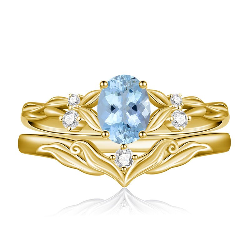 Sterling Silver 10K 14K 18K Gold  Oval Cut Unique Vine Gemstone Wedding Ring Set