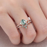 Sterling Silver 10K 14K 18K Gold  Personalized  Engraved Natural Moss Agate Engagement Bridal Wedding Ring Set