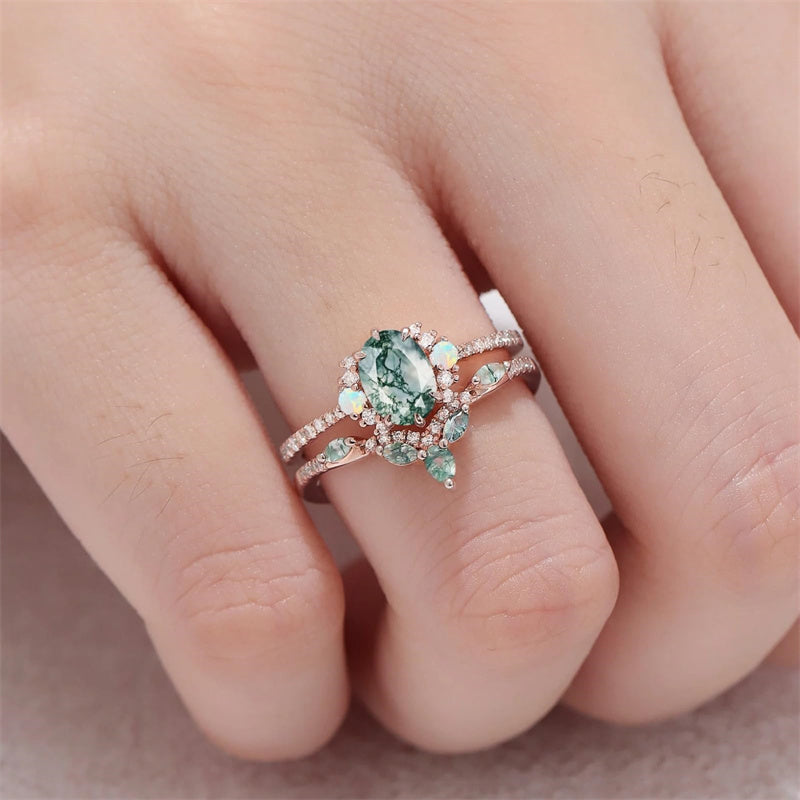 Sterling Silver 10K 14K 18K Gold  Personalized  Engraved Natural Moss Agate Engagement Bridal Wedding Ring Set