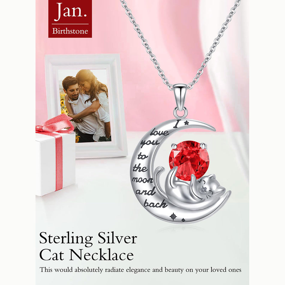 Silver Cat 12 Month Birthstone Pendant Necklace
