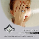 Sterling Silver Personalized Engraved Moss Agate Bridal Wedding Promise Engagement Ring Set for Women