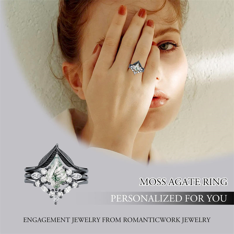 Sterling Silver Personalized Engraved Moss Agate Bridal Wedding Promise Engagement Ring Set for Women