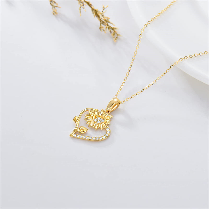 14K Gold Sunflower Heart Pendant Necklace