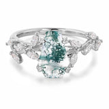 Sterling Silver 10K 14K 18K 2CT Natural Moss Agate Leaf Engagement Wedding Promise Rings Set