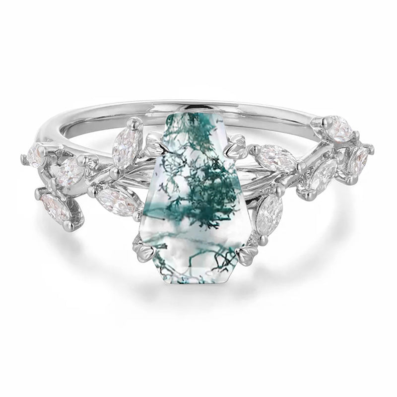 Sterling Silver 10K 14K 18K 2CT Natural Moss Agate Leaf Engagement Wedding Promise Rings Set