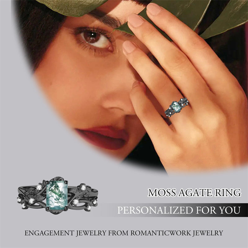 Sterling Silver Personalized Engraved Moss Agate Bridal Wedding Promise Engagement Ring Set for Women