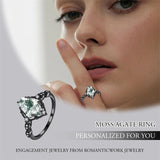 Sterling Silver Personalized Engraved Black Moss Agate Bridal Wedding Promise Engagement Ring for Women