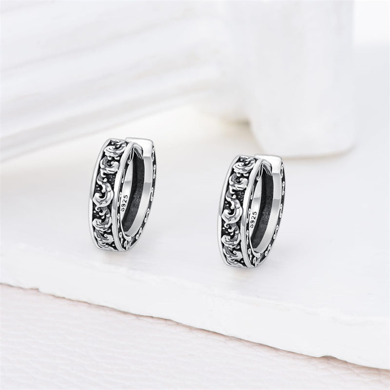 Sterling Silver Cross Sun Viking Wave Hoop Earrings for Men