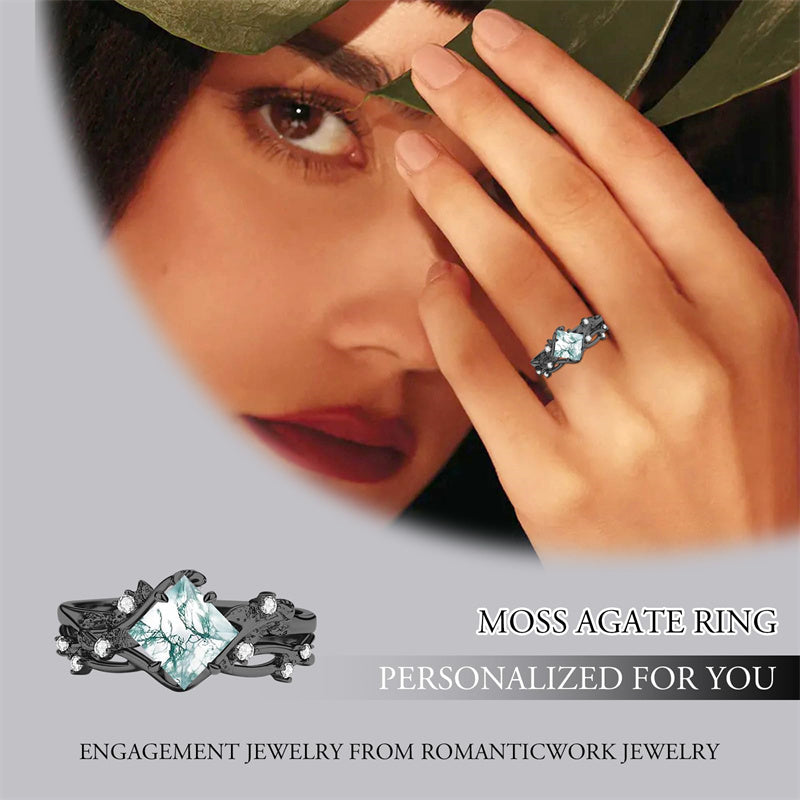 Sterling Silver Personalized Engraved Moss Agate Bridal Wedding Promise Engagement Ring Set for Women