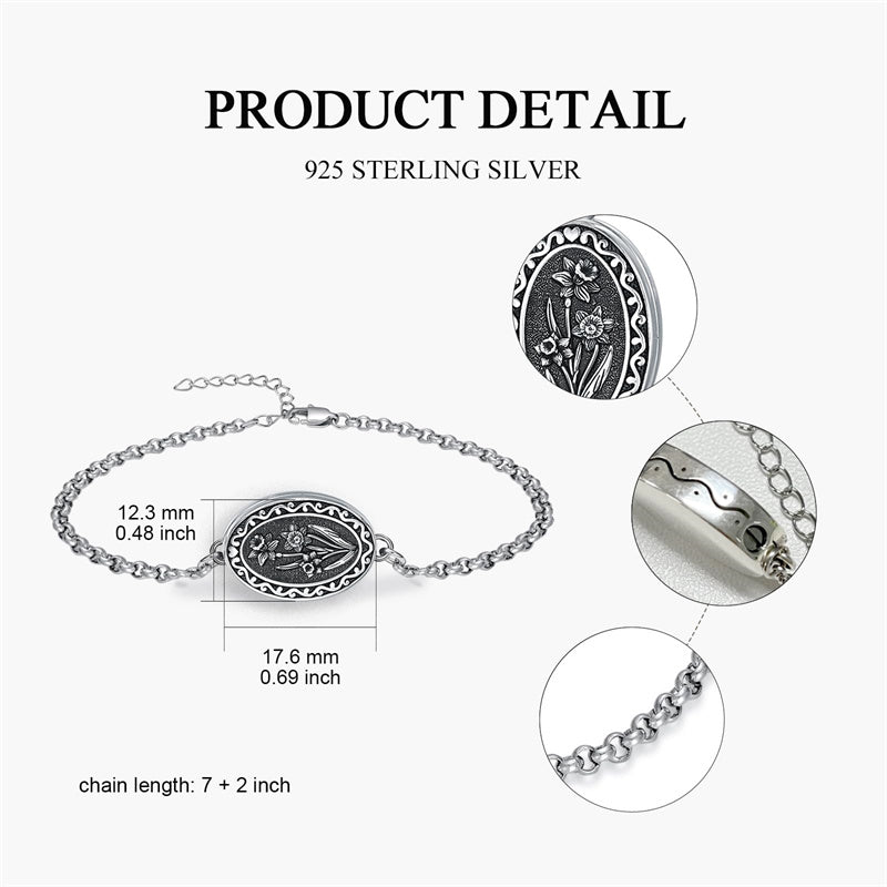 Sterling Silver 12-Month Birth Flower Urn Bracelet for Ashes