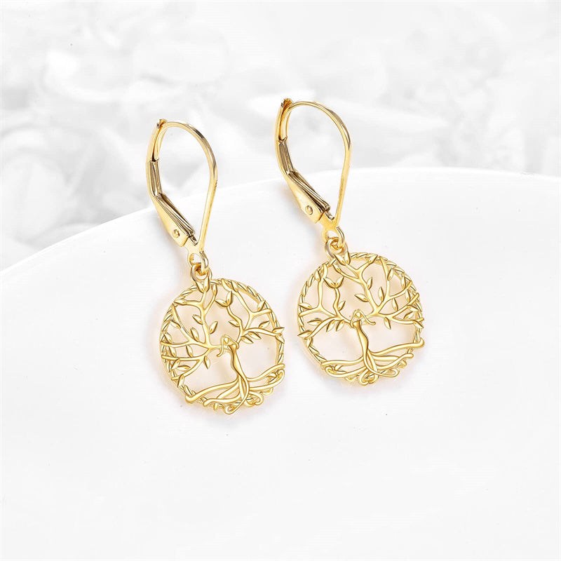 14K Gold Tree of Life Leverback Earrings