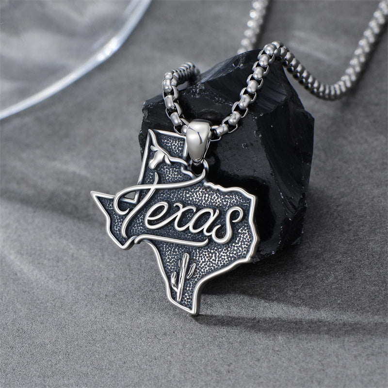 Sterling Silver Texas State Map Flag Pendant Necklace for Men