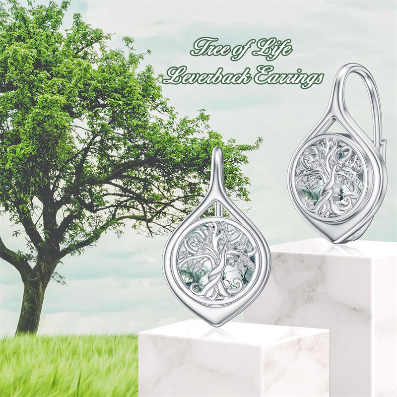 Sterling Silver Moss Agate Tree of Life Leverback Earrings