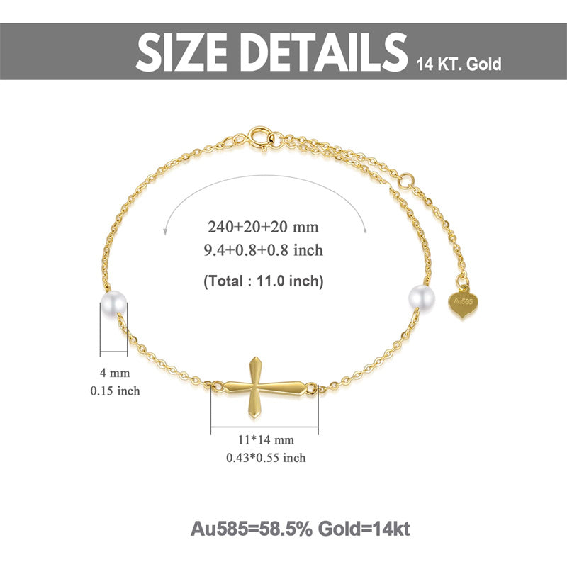 14k Gold Pearl Cross Single Layer Anklet