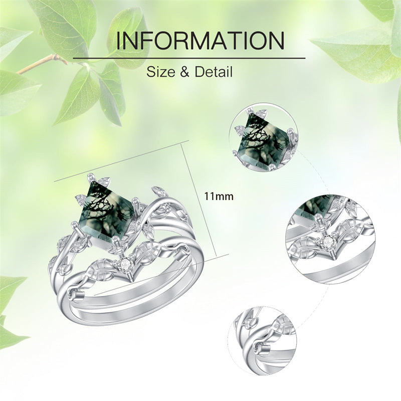 Sterling Silver Kite Cut Natural Moss Agate  Ring Set Promise Ring