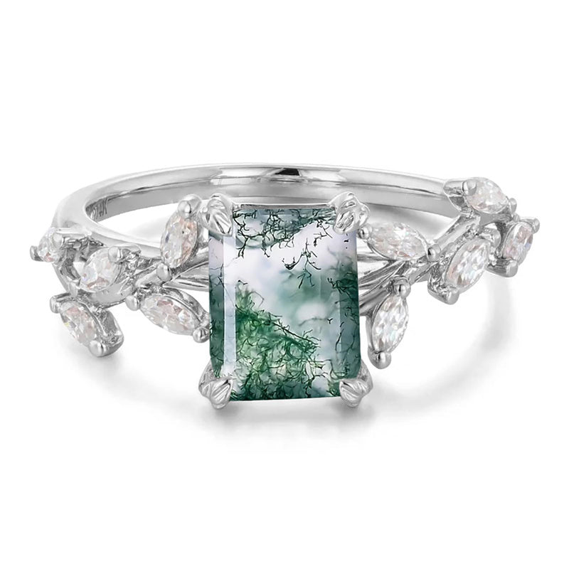 Sterling Silver 10K 14K 18K 2CT Natural Moss Agate Leaf Engagement Wedding Promise Rings Set