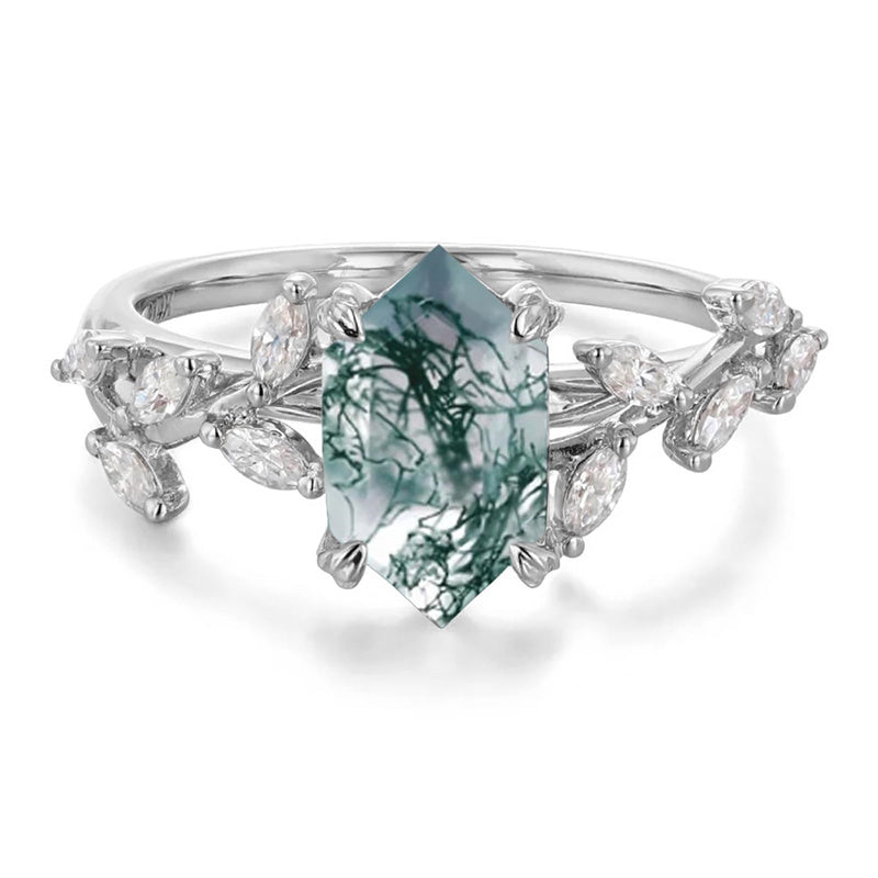 Sterling Silver 10K 14K 18K 2CT Natural Moss Agate Leaf Engagement Wedding Promise Rings Set