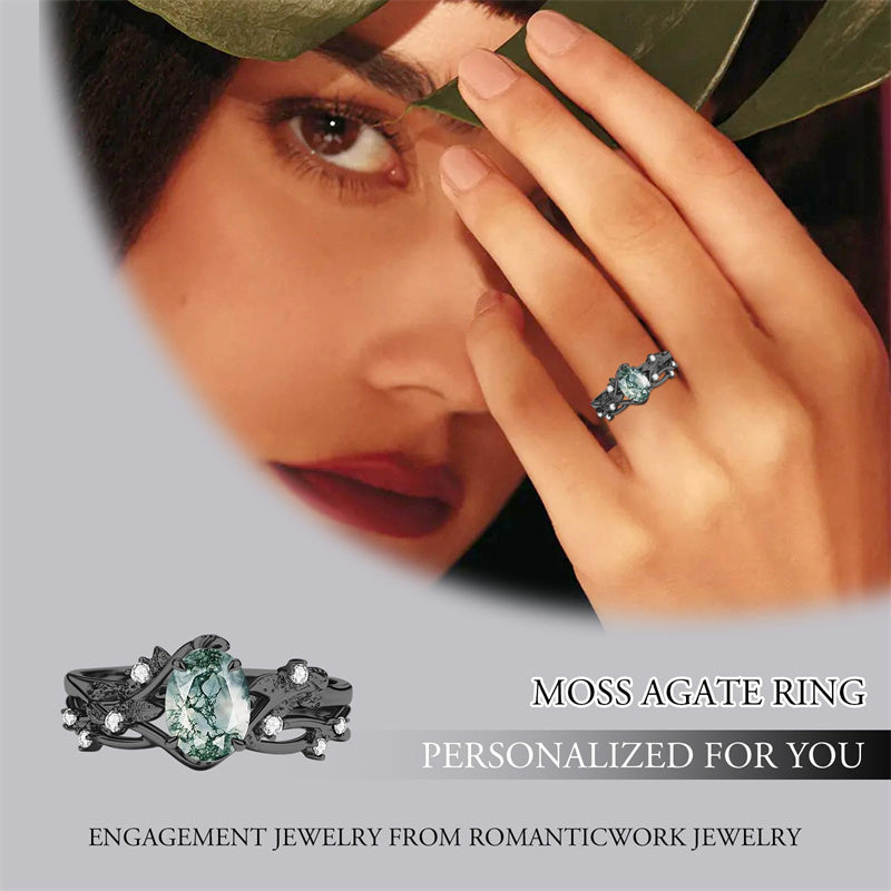 Sterling Silver Personalized Engraved Moss Agate Bridal Wedding Promise Engagement Ring Set for Women