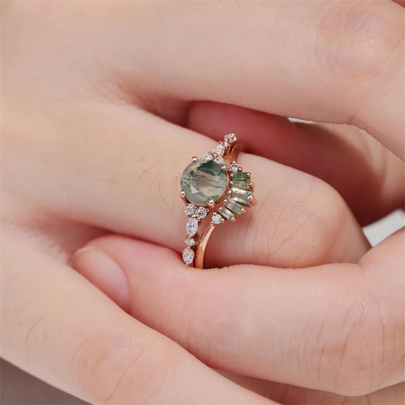 Sterling Silver 10K 14K 18K Gold  Personalized  Engraved Natural Moss Agate Engagement Bridal Wedding Ring Set