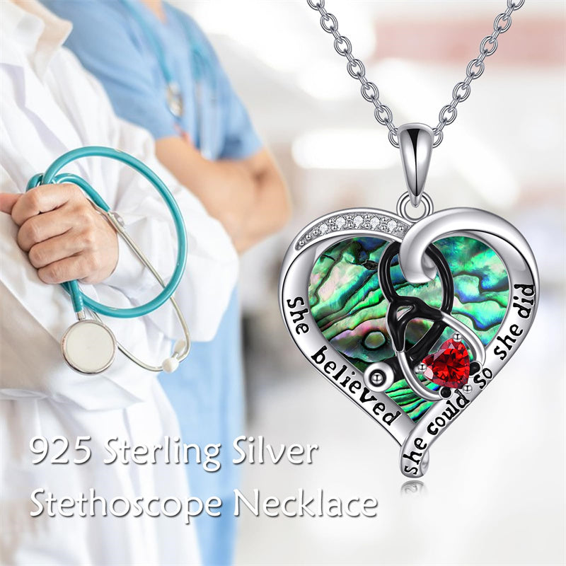 Sterling Silver Birthstone Caduceus & Stethoscope Pendant Necklace
