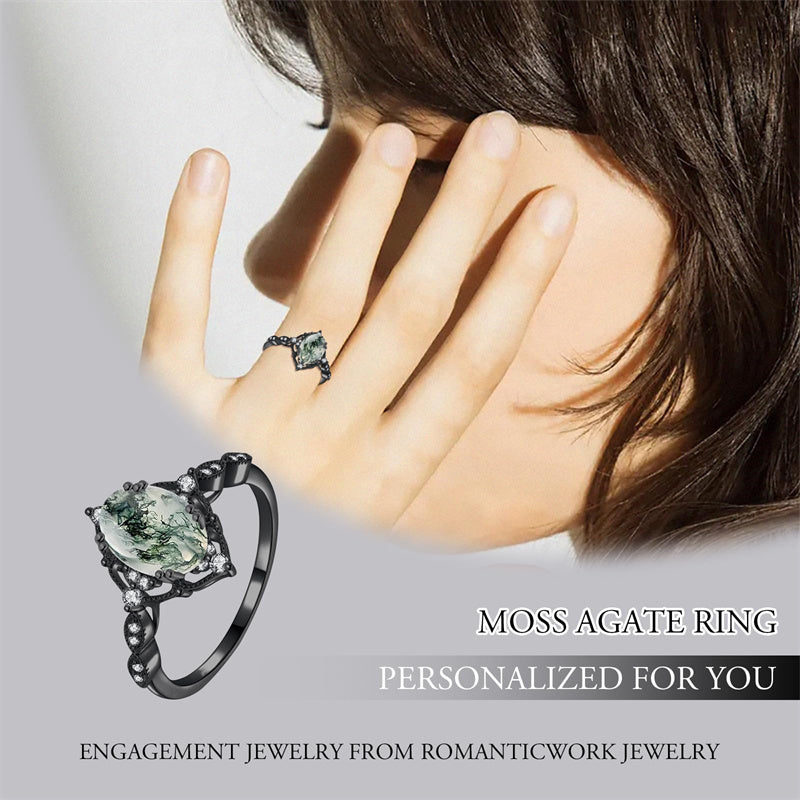 Sterling Silver Personalized Engraved Black Moss Agate Bridal Wedding Promise Engagement Ring for Women