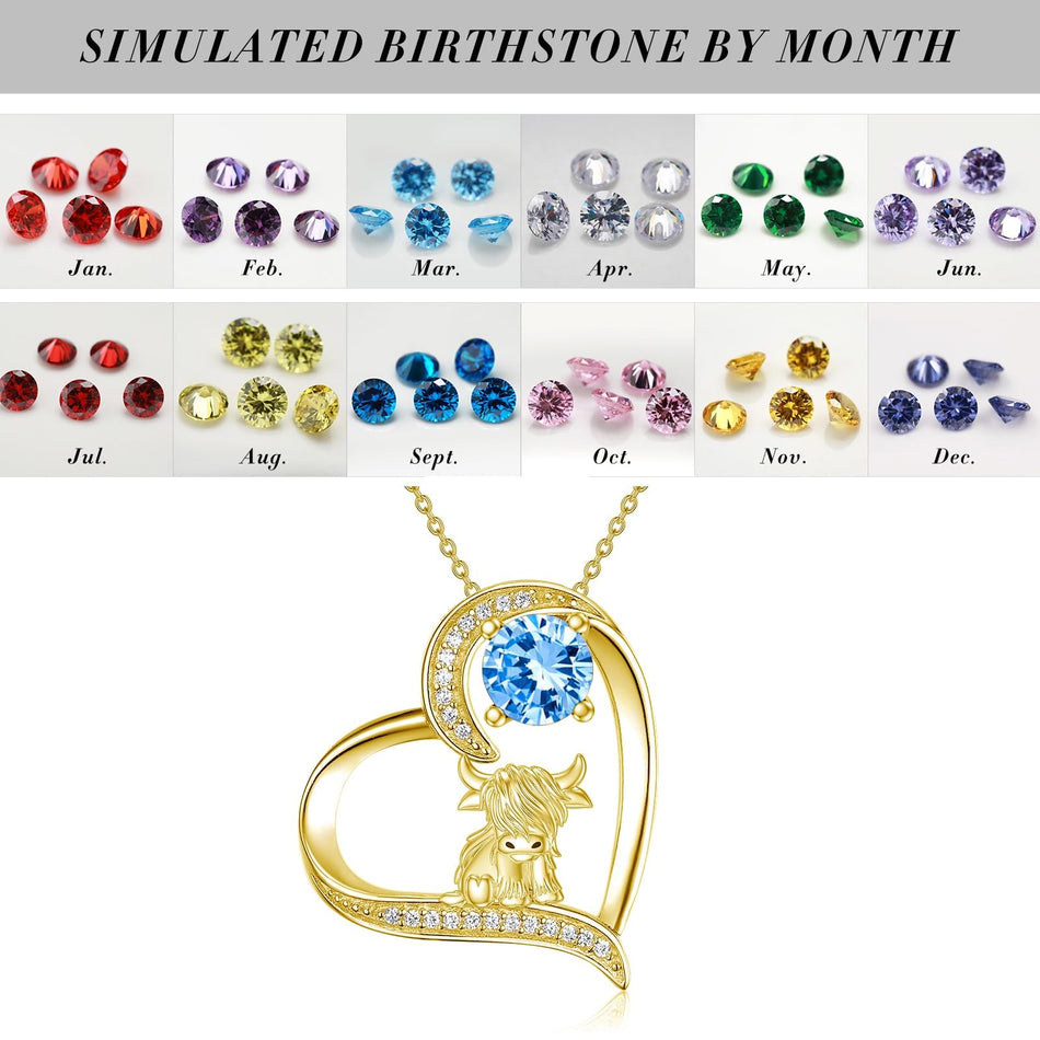 10K 14K 18K Gold Personalized Birthstone Highland Cow Pendent Necklace