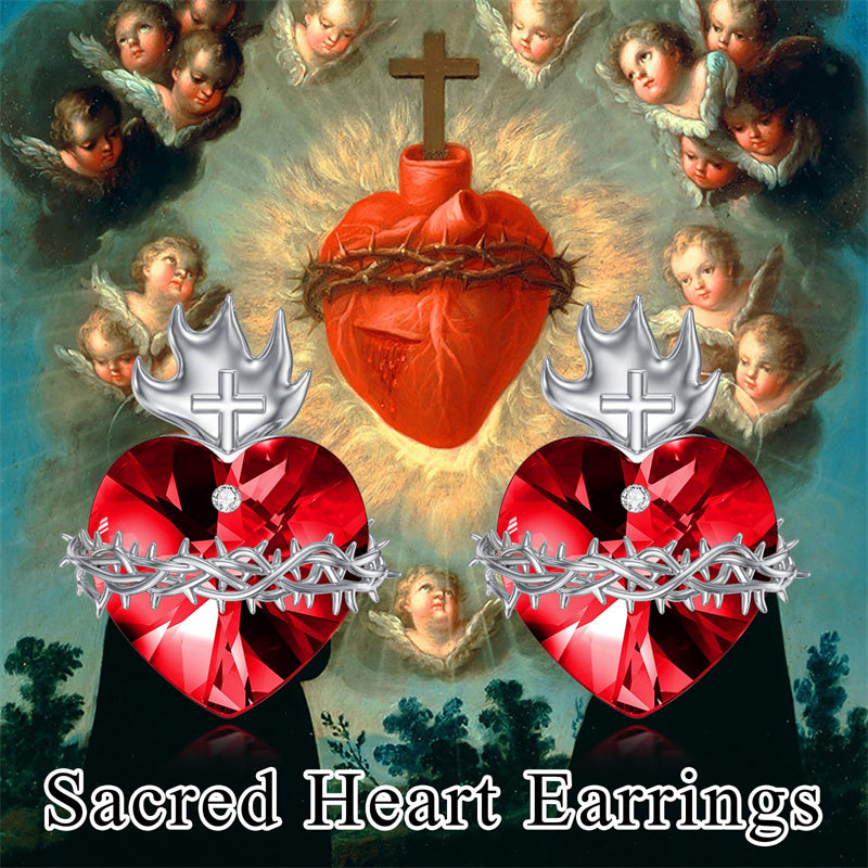 Sterling Silver Heart Crystal Sacred Heart of Jesus Studs Earrings