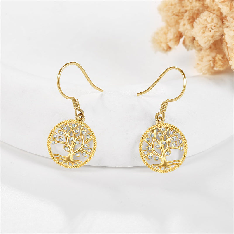 14K Yellow Gold Tree Of Life Dangle Earrings
