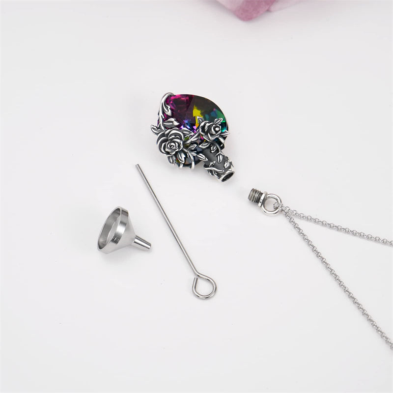 Sterling Silver Heart TearDangle Crystal Rose Cremation Urn Necklace for Ashes