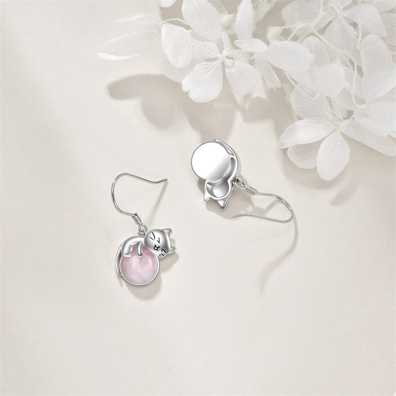 Sterling Silver Rose Quartz Birthstone Cat Dangle Earrings