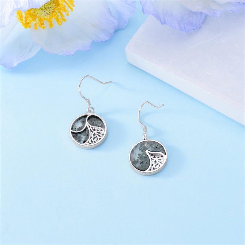 Sterling Silver Round Moss Agate Filigree Dangle Earrings