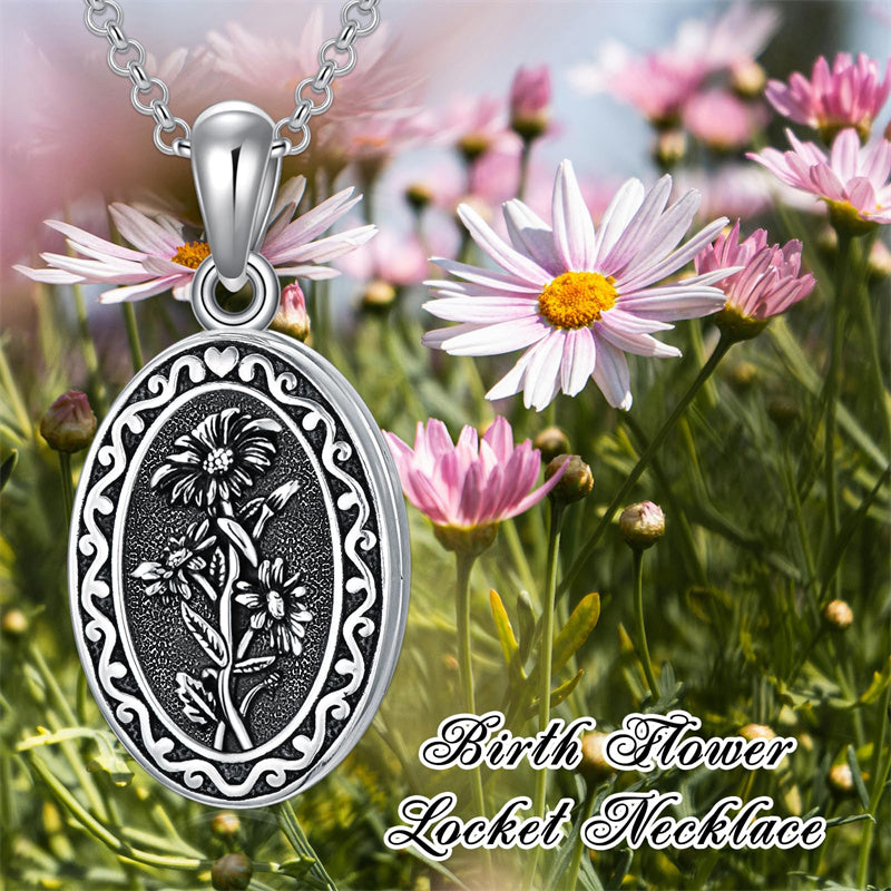 Sterling Silver Personalized Photo 12 Month Birth Flower Pendant Necklace