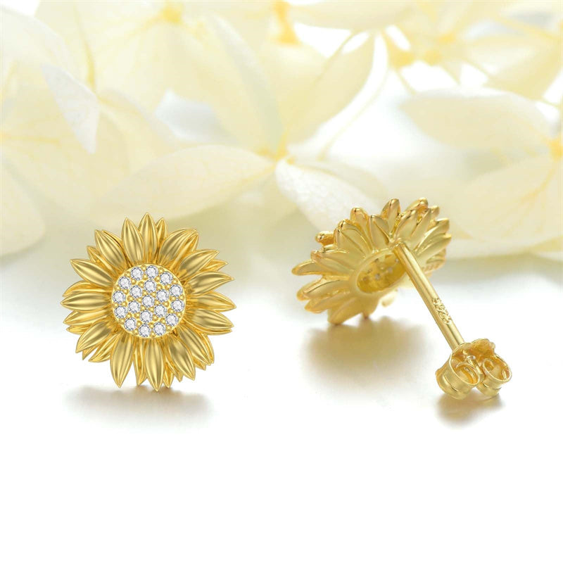 14K Yellow Gold Sunflower  Stud Earrings