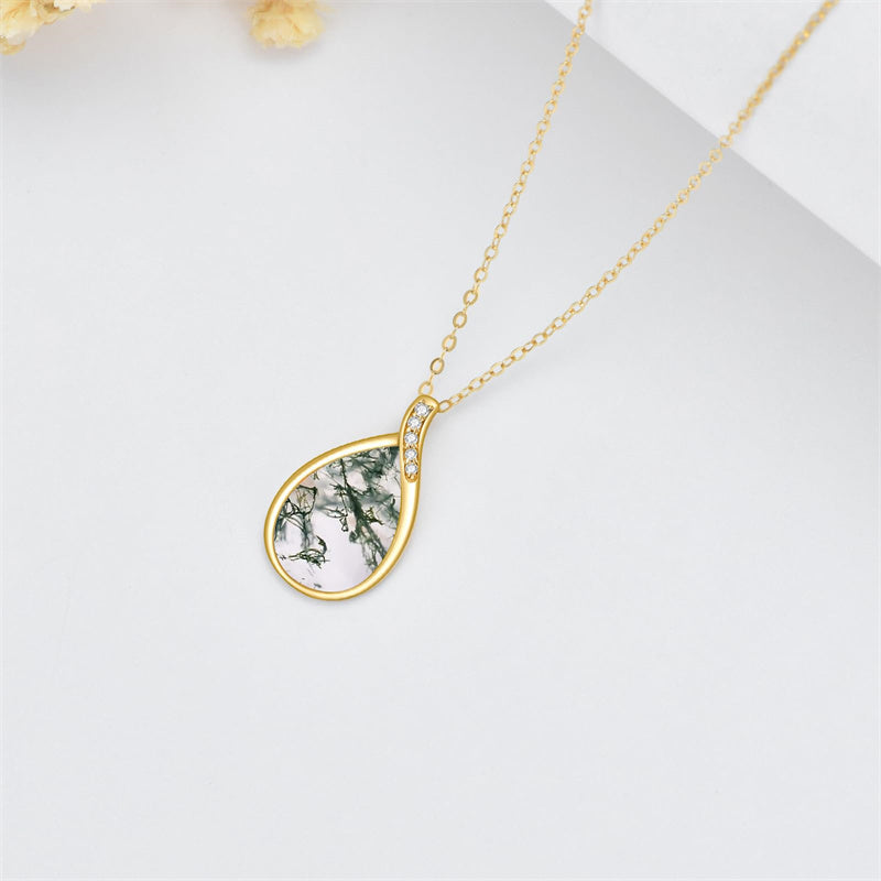 14K Gold Pear Shape TearDangle White Opal Moss Agate Pendant Necklace