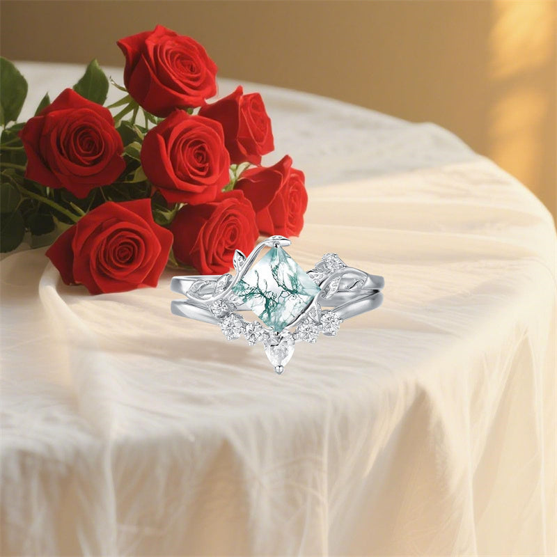 Sterling Silver Personalized Engraved Moss Agate Bridal Wedding Promise Engagement Ring Set for Women