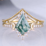 Sterling Silver 10K 14K 18K Gold  Personalized  Engraved Natural Moss Agate Engagement Bridal Wedding Ring Set