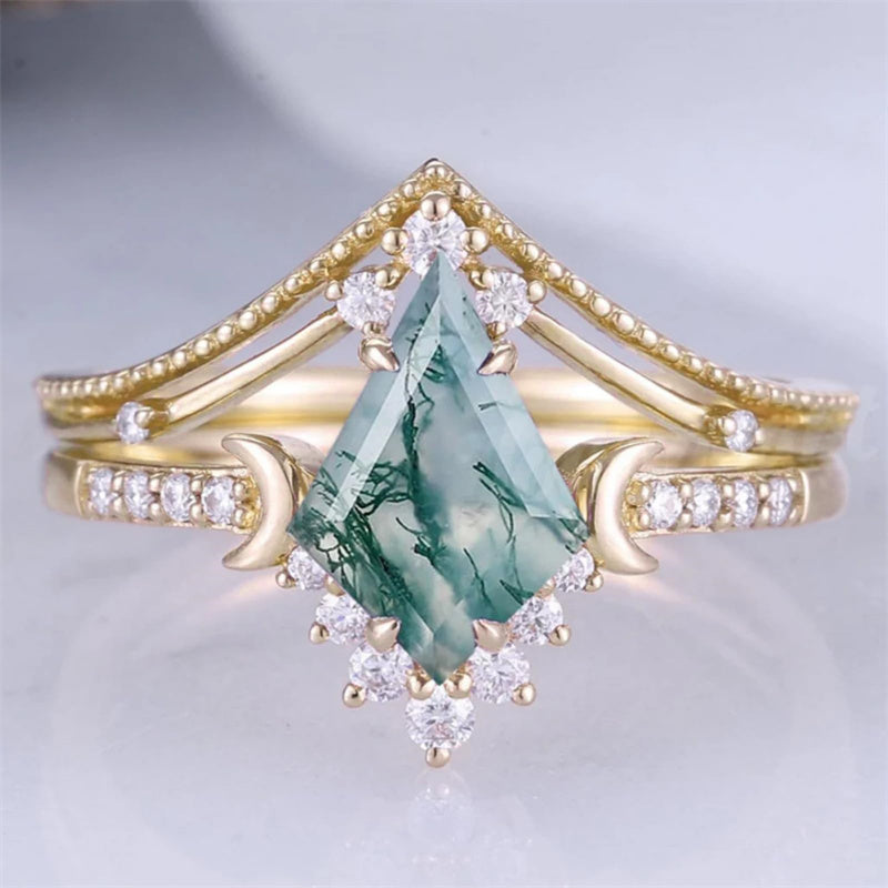 Sterling Silver 10K 14K 18K Gold  Personalized  Engraved Natural Moss Agate Engagement Bridal Wedding Ring Set
